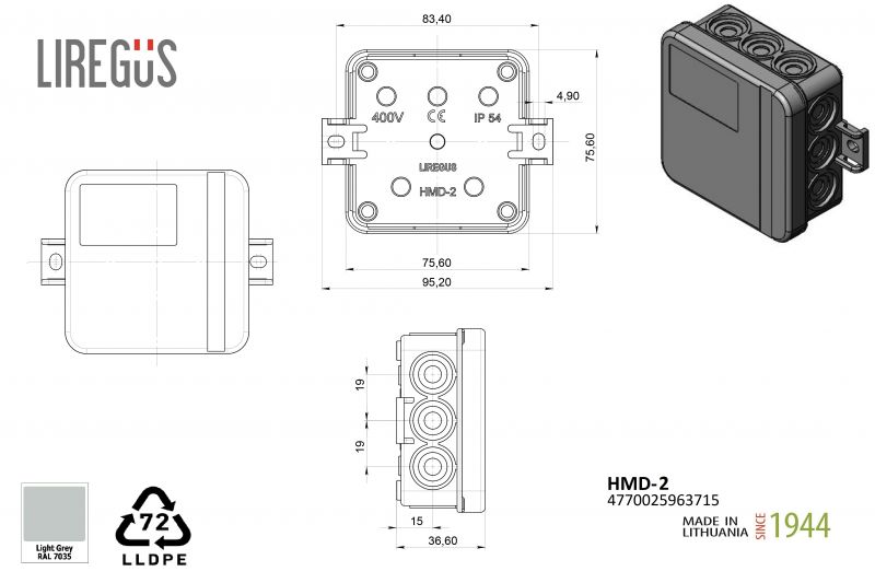 HMD-2 Wall-mounted junction box,IP54/PP/ grey - Image 3